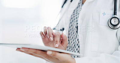 Buy stock photo Healthcare, doctor and hands with tablet, online and treatment plan with patient history and scroll. Hospital, medical professional and person with tech for diagnosis update, research and wellness