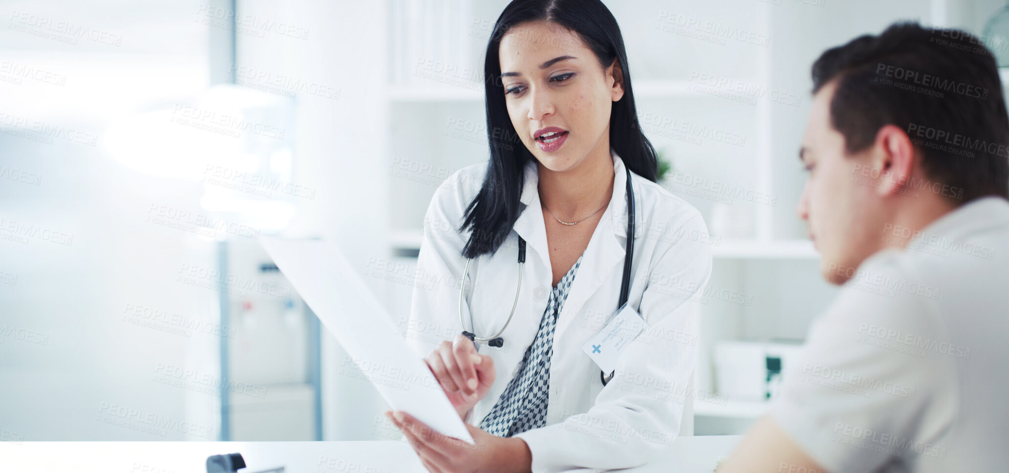 Buy stock photo Paperwork, office and doctor with man for consultation, medical service and advice for treatment plan. Healthcare, clinic and woman with patient with documents for medicine, results and prescription