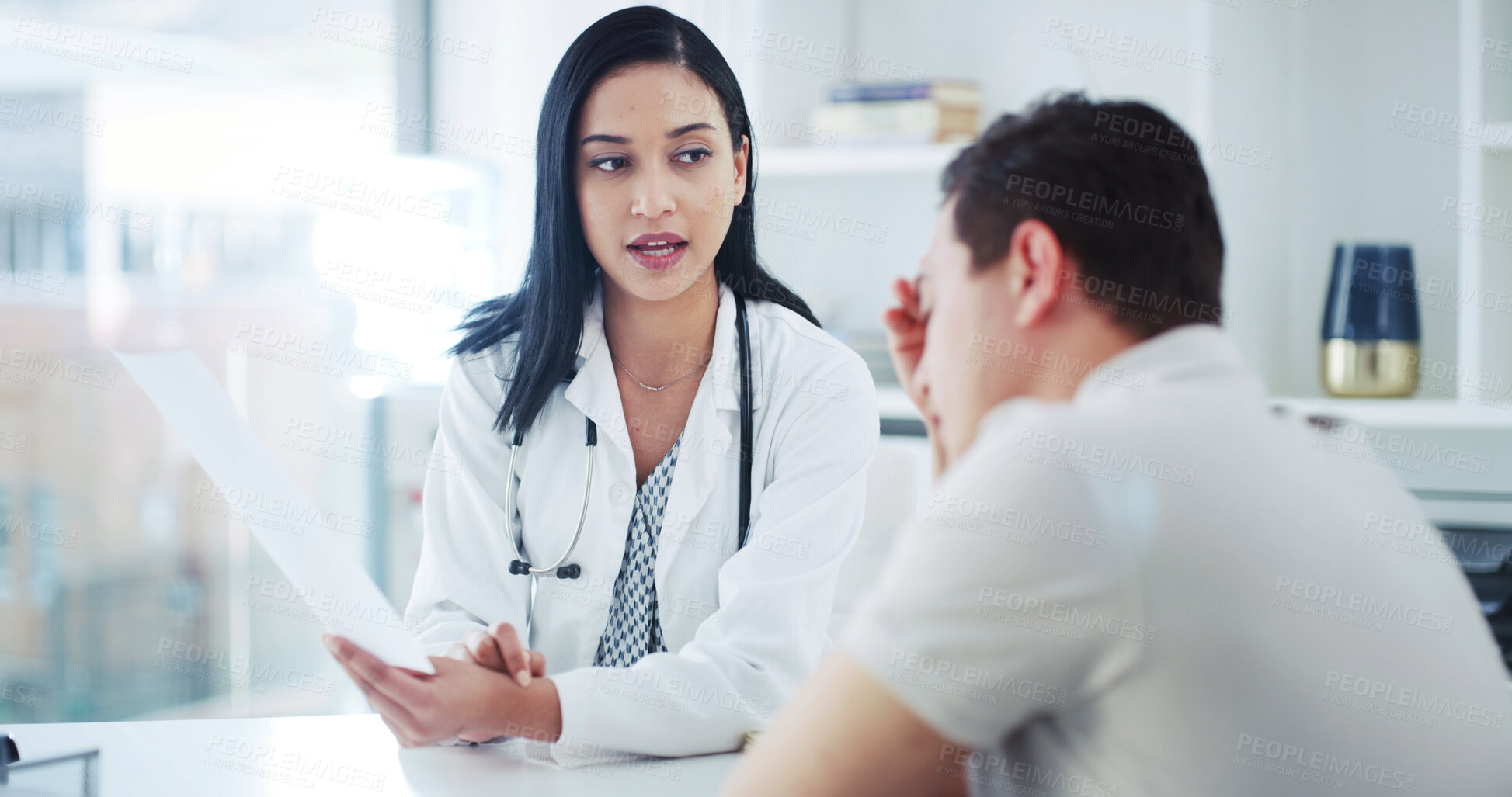 Buy stock photo Paperwork, bad news and doctor with man for consultation, medical service and prescription for treatment. Healthcare, worry and woman with patient with documents for medicine, results and diagnosis