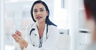 Buy stock photo Pills, clinic and doctor with patient in consultation with medicine, prescription and medical service. Healthcare, office and woman with medication, supplements and explain dosage for treatment