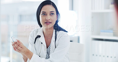 Buy stock photo Consulting, doctor and patient in clinic with pills, prescription and medicine for treatment or wellness. Healthcare, office and woman with medication, vitamins and explain dose for medical service