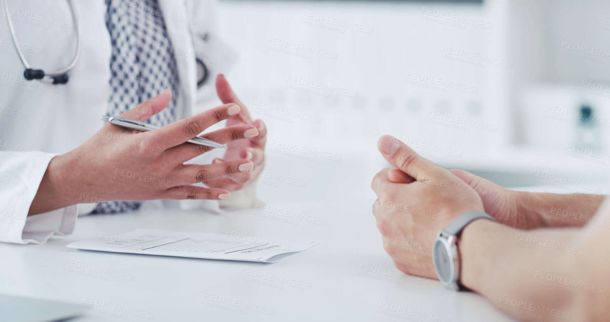 Buy stock photo Doctor, hands and paperwork in hospital, talking and explaining test results to patient and meeting. Clinic, medical professional and consultation for diagnosis, people and healthcare with documents