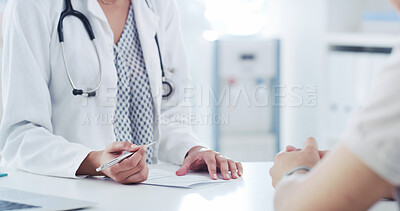Buy stock photo Doctor, hands and paperwork in hospital, meeting and explaining test results to patient and talking. Clinic, medical professional and consultation for diagnosis, people and healthcare with documents