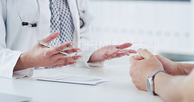 Buy stock photo Doctor, hands and paperwork in hospital, checkup and explaining test results to patient and meeting. Clinic, medical professional and consultation for diagnosis, people and healthcare with documents