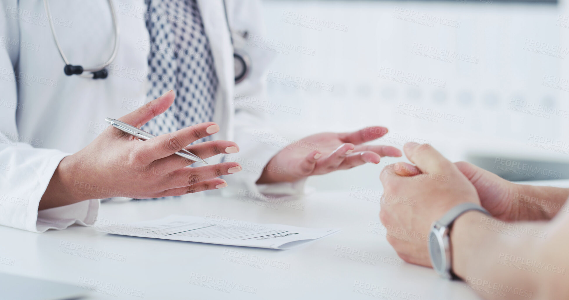 Buy stock photo Doctor, hands and paperwork in hospital, checkup and explaining test results to patient and meeting. Clinic, medical professional and consultation for diagnosis, people and healthcare with documents