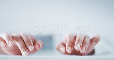 Buy stock photo Review, typing or hands in office with keyboard, online communication or schedule update on email. Tech, woman or employee in agency with computer, agenda change or networking on virtual platform.
