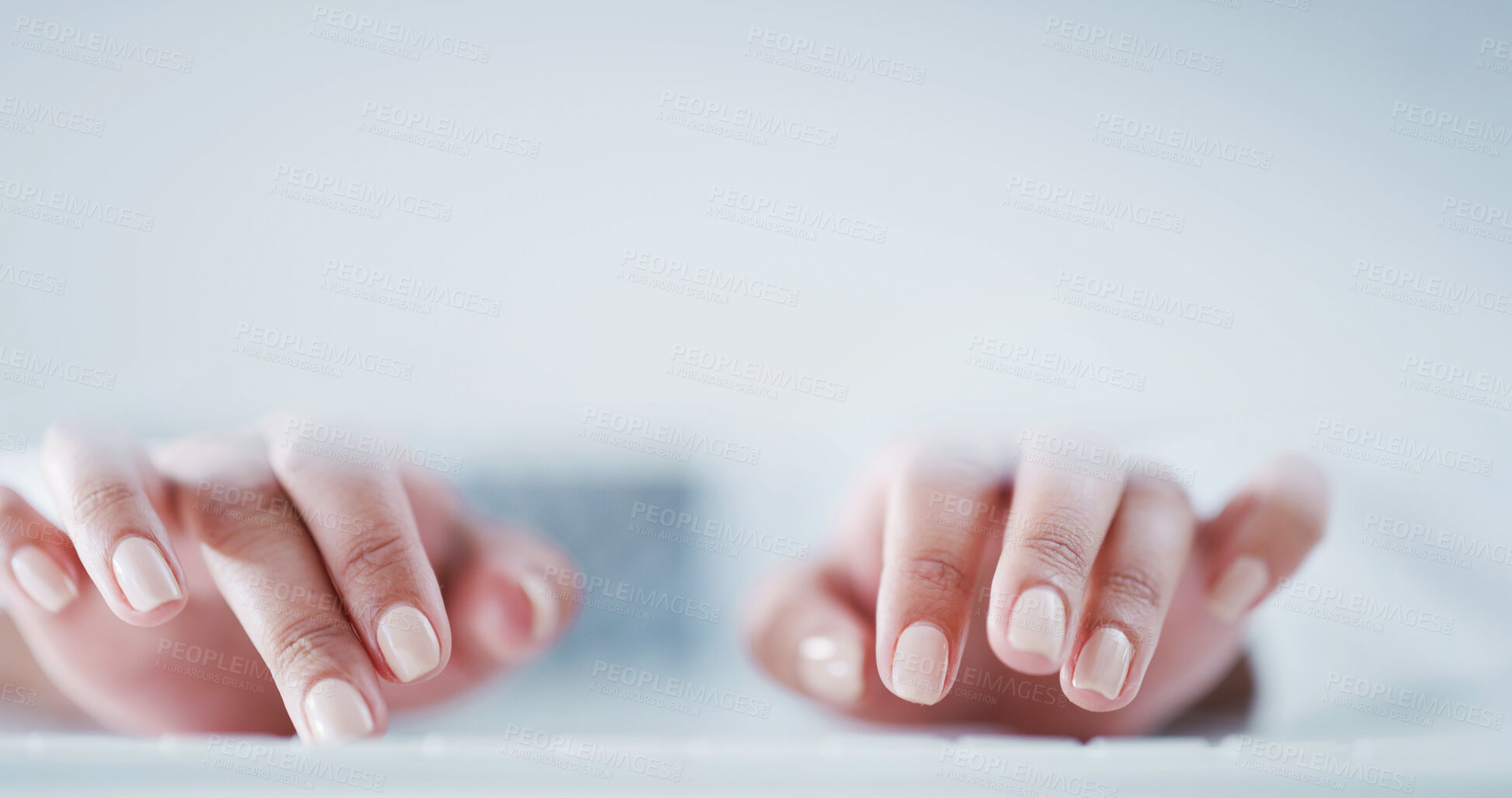 Buy stock photo Review, typing or hands in office with keyboard, online communication or schedule update on email. Tech, woman or employee in agency with computer, agenda change or networking on virtual platform.
