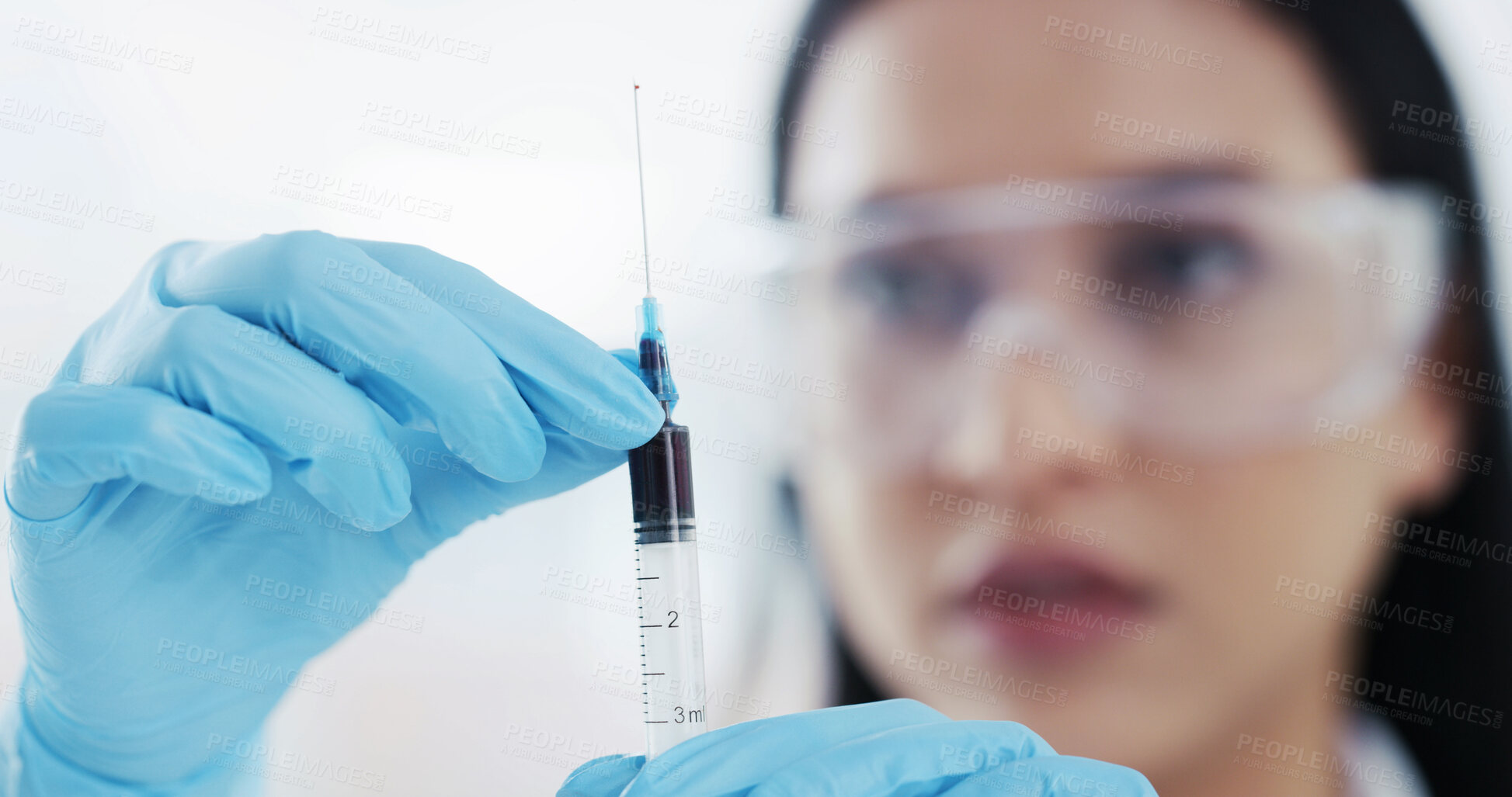 Buy stock photo Scientist, healthcare and hands of woman with needle, drug and medical research for antivenom in hospital. Blood sample, syringe and doctor with test, innovation or venom protection for biotechnology