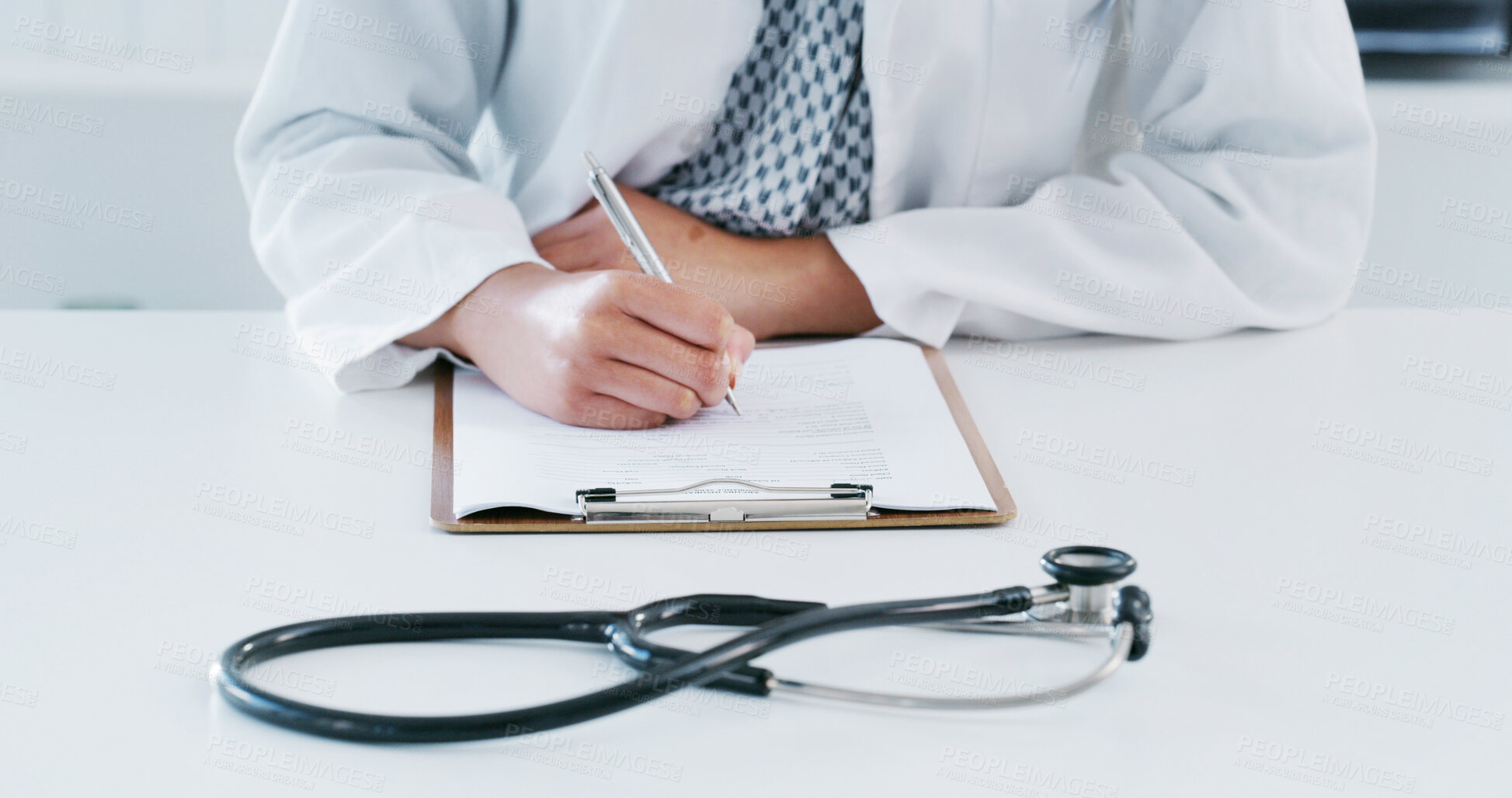 Buy stock photo Clipboard, stethoscope and hands of doctor in hospital for medical service, health insurance and patient report. Healthcare, writing and person with documents for prescription or medicine script