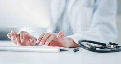 Buy stock photo Healthcare, doctor and hands with computer, typing and treatment plan with patient history or online. Hospital, medical professional and person with keyboard for diagnosis, research and wellness