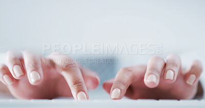 Buy stock photo Science, typing or hands in lab with computer, study recording or digital research for experiment. Space, female person or scientist with tech, medical report or data processing in clinical trial.