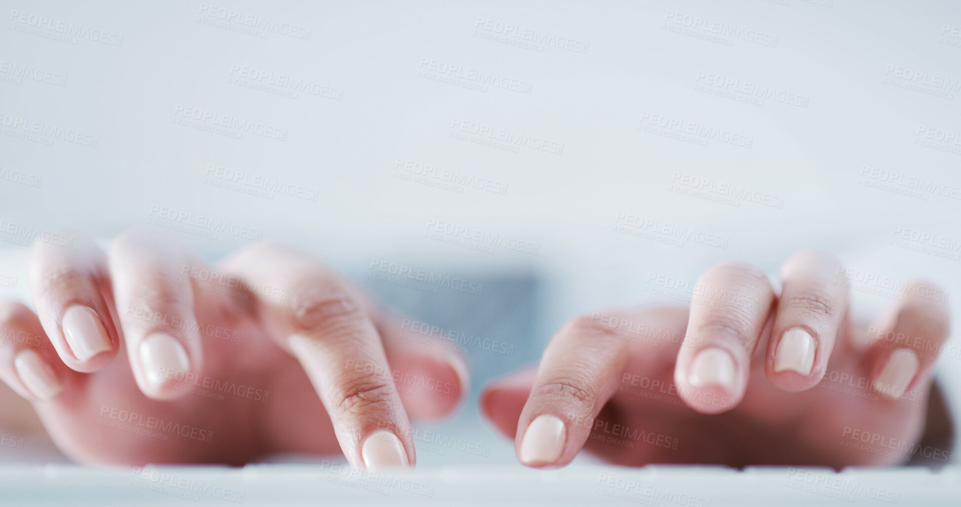 Buy stock photo Science, typing or hands in lab with computer, study recording or digital research for experiment. Space, female person or scientist with tech, medical report or data processing in clinical trial.