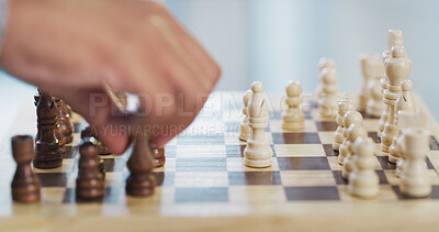 Buy stock photo Chess, playing and hand of person on pawn for challenge, problem solving and competition on table. Chessboard, player and moving piece in home with strategic decision, game plan and skill development