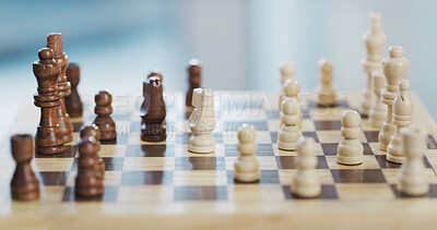 Buy stock photo Chess, board and pieces with game start for challenge, problem solving and competition on table. Chessboard, knight and queen with pawns in home for strategic hobby, tournament and boardgame contest