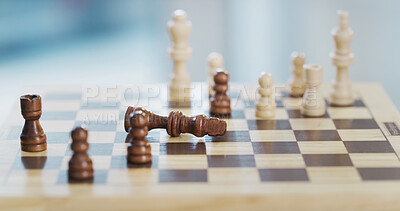 Buy stock photo Chess, board and game with checkmate for challenge, problem solving and strategic move on table. Chessboard, pieces and king with defeat in home for boardgame contest, competition win and tournament