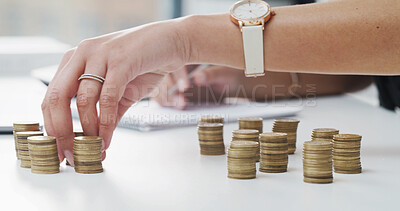 Buy stock photo Business, hands or counting with coins for financial planning, asset management or budget in office. Invest, person or accounting with notepad, money or audit for finance, salary expenses or savings