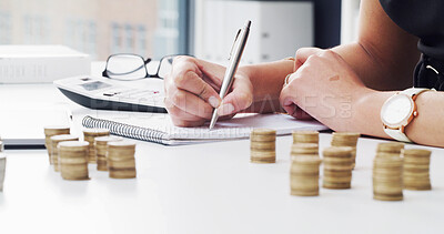 Buy stock photo Coins, hands or writing in notebook in office for financial planning, petty cash funds or audit trail. Accountant, woman and change with savings notes for wealth management and account reconciliation