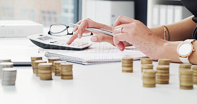 Buy stock photo Budget, hands and coins with calculator in office for financial planning, petty cash funds and savings. Accountant, money and audit reporting at desk for wealth management, daily revenue and finance