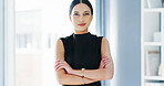 Property management, portrait or woman in office with arms crossed, pride or ambition as realtor. Happy, space or real estate agent with about us, confidence or experience in housing industry