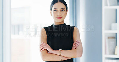 Buy stock photo Property management, portrait or woman in office with arms crossed, pride or ambition as realtor. Happy, space or real estate agent with about us, confidence or experience in housing industry