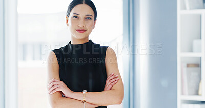 Buy stock photo Portrait, woman and smile with arms crossed in office as realtor, about us and property development. Happy, person and ambition with corporate career, real estate experience and listing opportunity