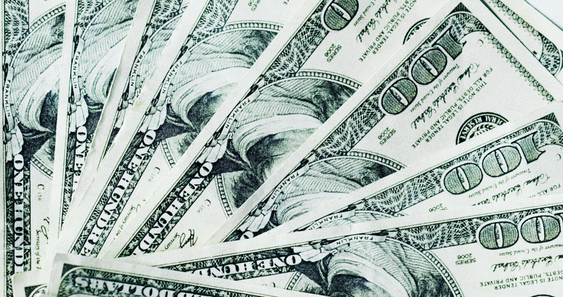 Buy stock photo Stack, money and dollars with finance for salary, financial fraud or embezzlement. Wages, notes or gambling payment with illegal cash, illicit funds and increase with income corruption from smuggling