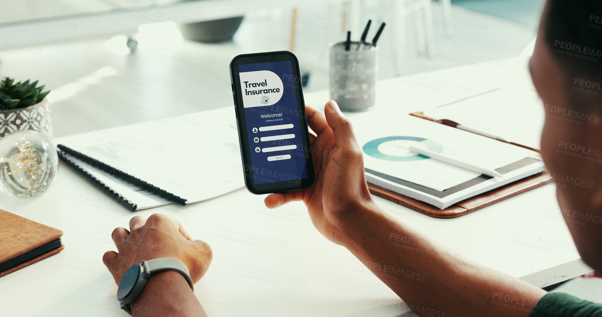 Buy stock photo Office, online and hands with phone screen, travel insurance or membership for financial protection. Sign up, display and person with mobile app for trip cancellation coverage and subscription on web
