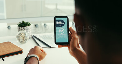 Buy stock photo Man, hands and health insurance in office with phone screen, online platform or sign up for approval. Person, search or tech with internet, registration or confirmation for medical aid cover account.
