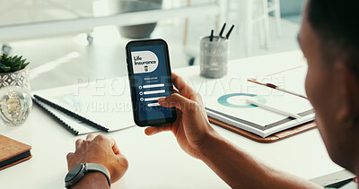 Buy stock photo Man, hands and typing in office with phone screen, online platform and sign up for life insurance. Person, browsing and technology with internet, mobile app and registration for policy cover account.