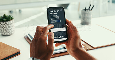 Buy stock photo Hands, phone screen and scroll with web design at office, ui display and services at tech startup. Person, smartphone and user experience with review, mobile website or click on app at digital agency