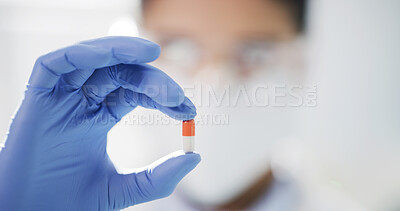 Buy stock photo Hands, capsule and pills at laboratory with scientist for medical research, innovation or supplements. Person, science and ppe gloves with medicine, pharmaceutical product and tablet for disease
