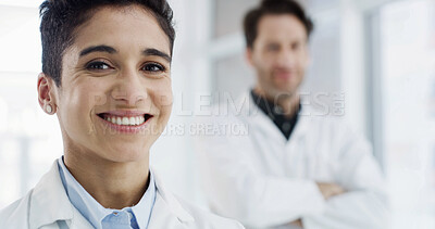 Buy stock photo Team, portrait and science with woman in laboratory for research, gene therapy and about us. Medical, collaboration and vaccine trial with people in clinic for healthcare study and pride together