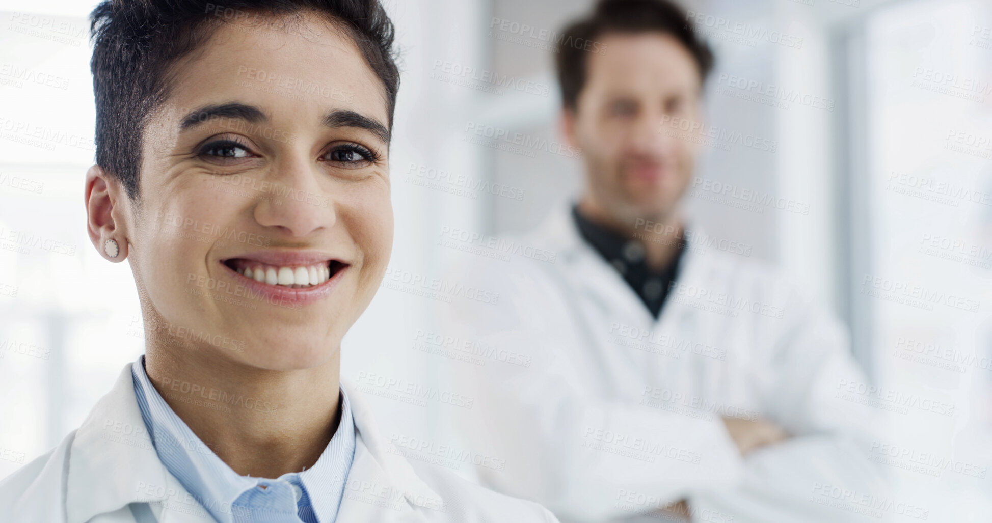 Buy stock photo Team, portrait and science with woman in laboratory for research, gene therapy and about us. Medical, collaboration and vaccine trial with people in clinic for healthcare study and pride together