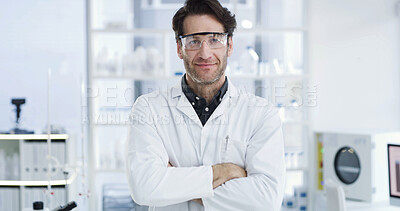 Buy stock photo Arms crossed, portrait and science with man in laboratory for research, gene therapy and about us. Medical sample, dna sequence editor and vaccine trial with person in clinic for healthcare study
