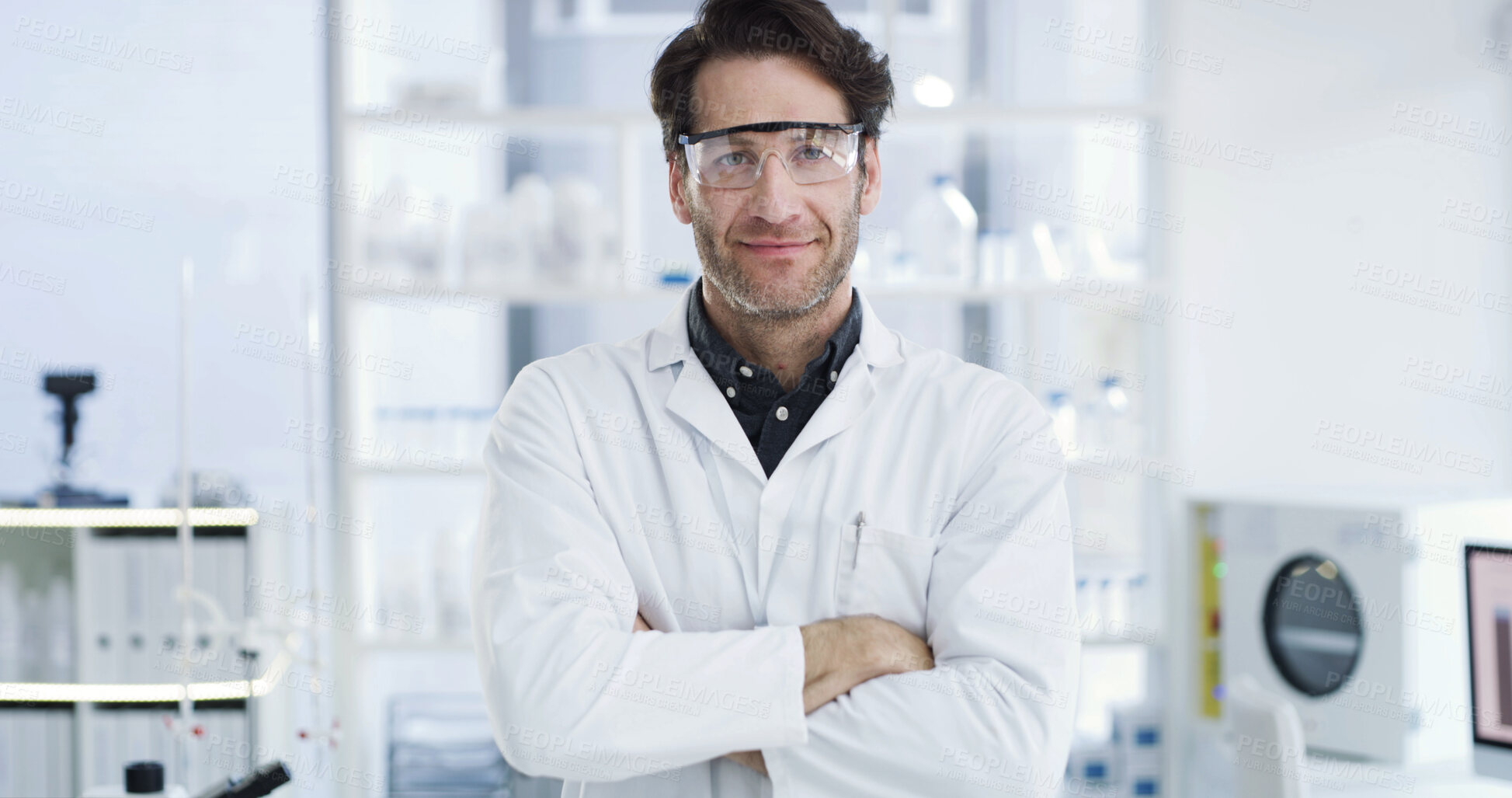 Buy stock photo Arms crossed, portrait and science with man in laboratory for research, gene therapy and about us. Medical sample, dna sequence editor and vaccine trial with person in clinic for healthcare study