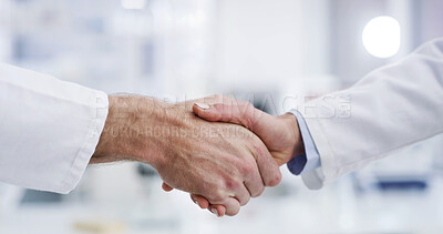 Buy stock photo People, doctor and meeting with handshake for partnership, agreement or teamwork in hospital. Closeup, employees or healthcare workers shaking hands with b2b for deal, collaboration or commitment