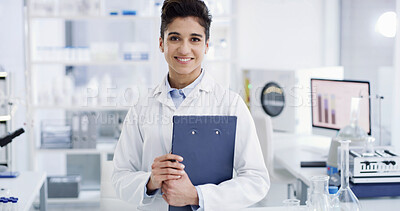 Buy stock photo Happy woman, portrait and scientist with confidence in laboratory for medical research service. Female person, science or chemistry with smile or clipboard for scientific study or clinic development