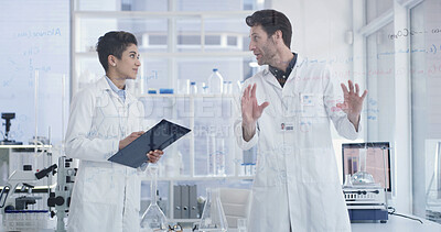 Buy stock photo Team, scientist and discussion with glass board for planning, experiment results or problem solving. Man, woman or healthcare workers with ideas for brainstorming or medical research in laboratory