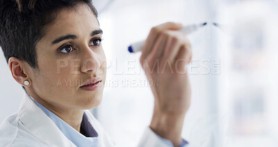 Buy stock photo Woman, scientist and writing in laboratory for planning, experiment results or problem solving. Female person, healthcare worker or brainstorming with ideas for medical research on glass board