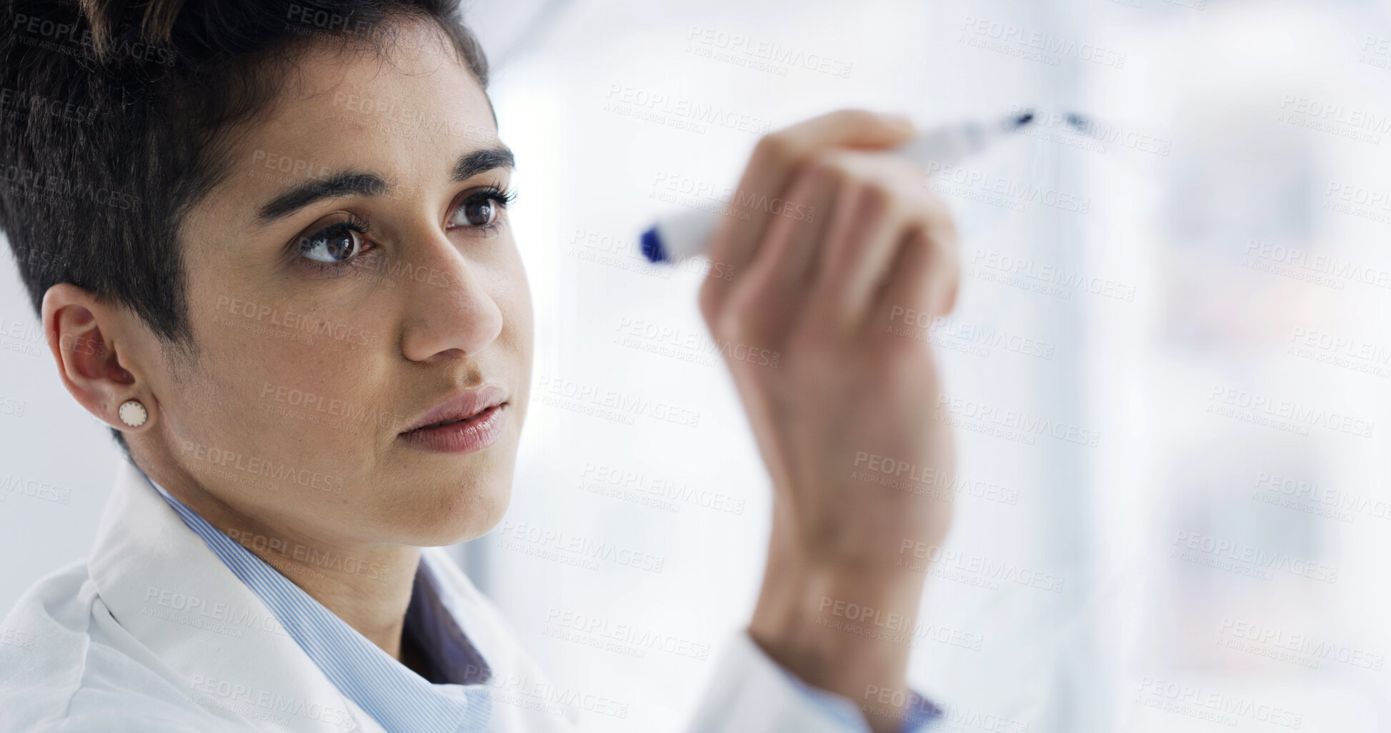 Buy stock photo Woman, scientist and writing in laboratory for planning, experiment results or problem solving. Female person, healthcare worker or brainstorming with ideas for medical research on glass board