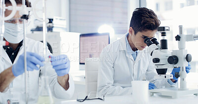 Buy stock photo Woman, scientist and team with microscope at lab for medical research, particles and virus cure. People, science and equipment for bacteria, sample analysis and collaboration for vaccine development