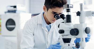 Buy stock photo Woman, scientist and sample with microscope at lab for medical research, particles or virus cure. Person, science and equipment for bacteria, pharmaceutical study and vaccine development with gear