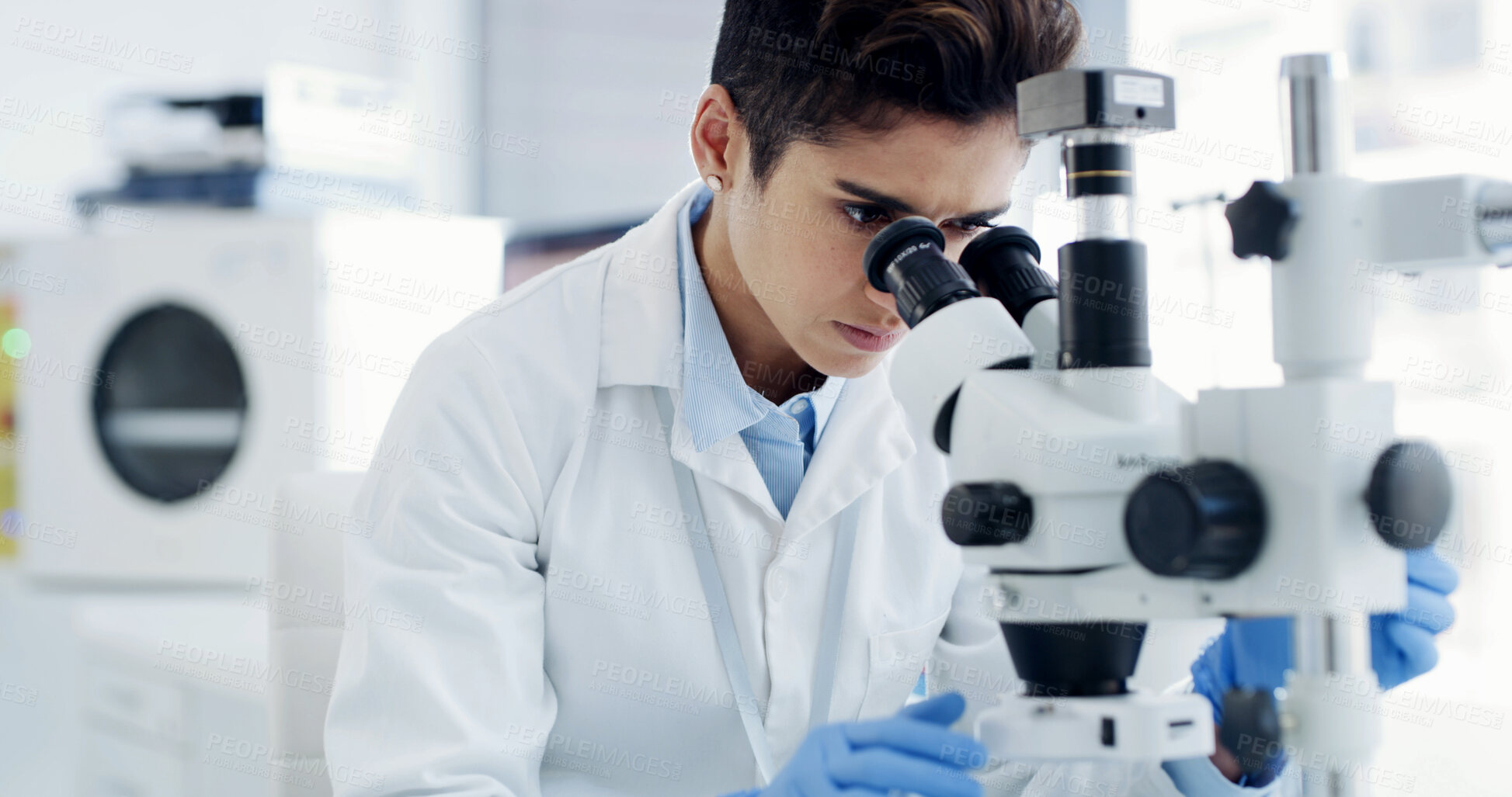 Buy stock photo Woman, scientist and sample with microscope at lab for medical research, particles or virus cure. Person, science and equipment for bacteria, pharmaceutical study and vaccine development with gear