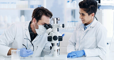 Buy stock photo Woman, scientist and team with microscope at lab with sample, happy or medical research for virus cure. People, science and man with gear, bacteria analysis or collaboration for vaccine development