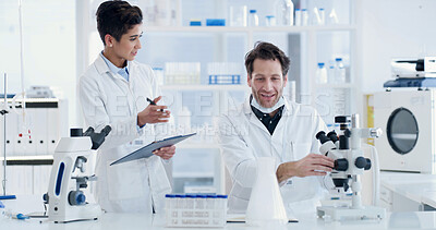 Buy stock photo Woman, scientist and team with clipboard at lab with microscope, happy or medical research for virus cure. People, science and man with review, checklist and feedback report for vaccine development
