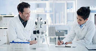 Buy stock photo People, scientist and team with writing at lab with book, discussion and happy medical research. Woman, man and science with review, checklist and feedback report with smile for vaccine development