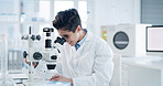 Happy woman, scientist and forensic with microscope for medical research or biology in laboratory. Female person, doctor and smile with biotechnology or study for clinic trial, test or examination