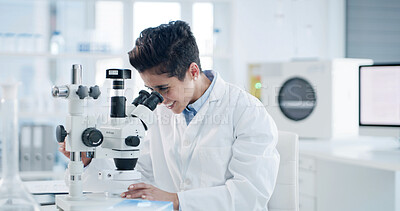 Buy stock photo Happy woman, scientist and forensic with microscope for medical research or biology in laboratory. Female person, doctor and smile with biotechnology or study for clinic trial, test or examination