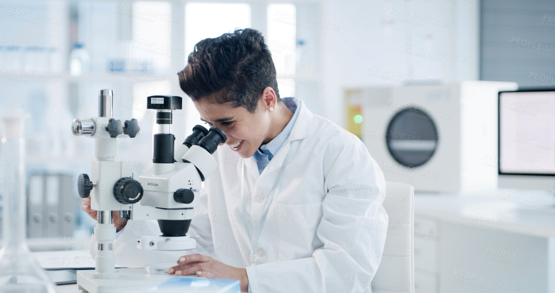 Buy stock photo Happy woman, scientist and forensic with microscope for medical research or biology in laboratory. Female person, doctor and smile with biotechnology or study for clinic trial, test or examination