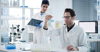 Buy stock photo Science, chemistry and team with people in laboratory for medical research, vaccine formula and test. Healthcare study, analysis and chemical solution with scientists in clinic for dna extraction